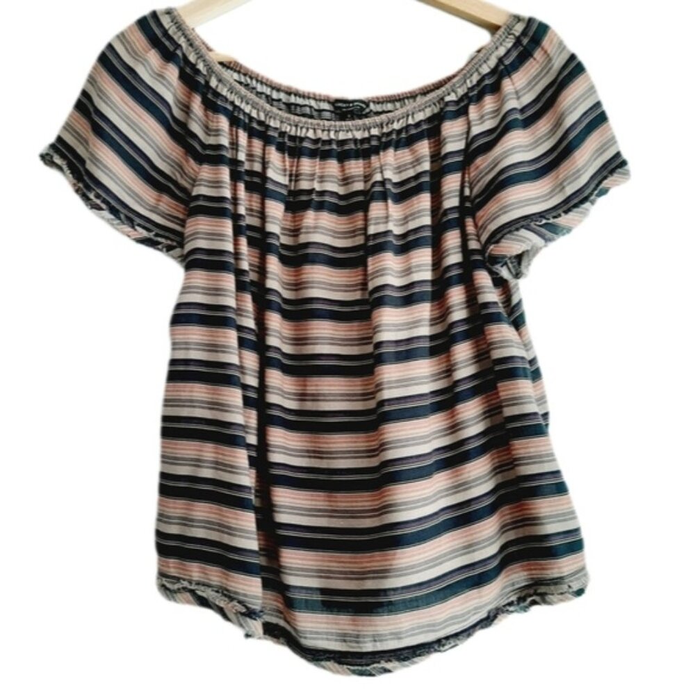 LUCKY BRAND Off-Shoulder Stripped Boho Folk Top Raw Hem Sz S Flawed
